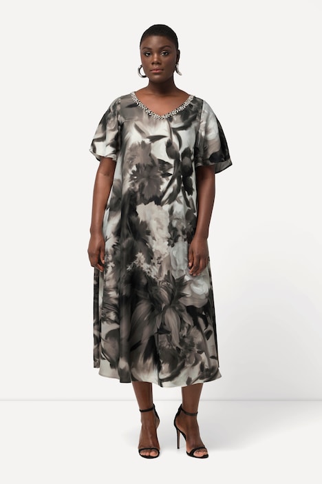 Midikleid, Blüten, Ziersteine, V-Ausschnitt, Halbarm