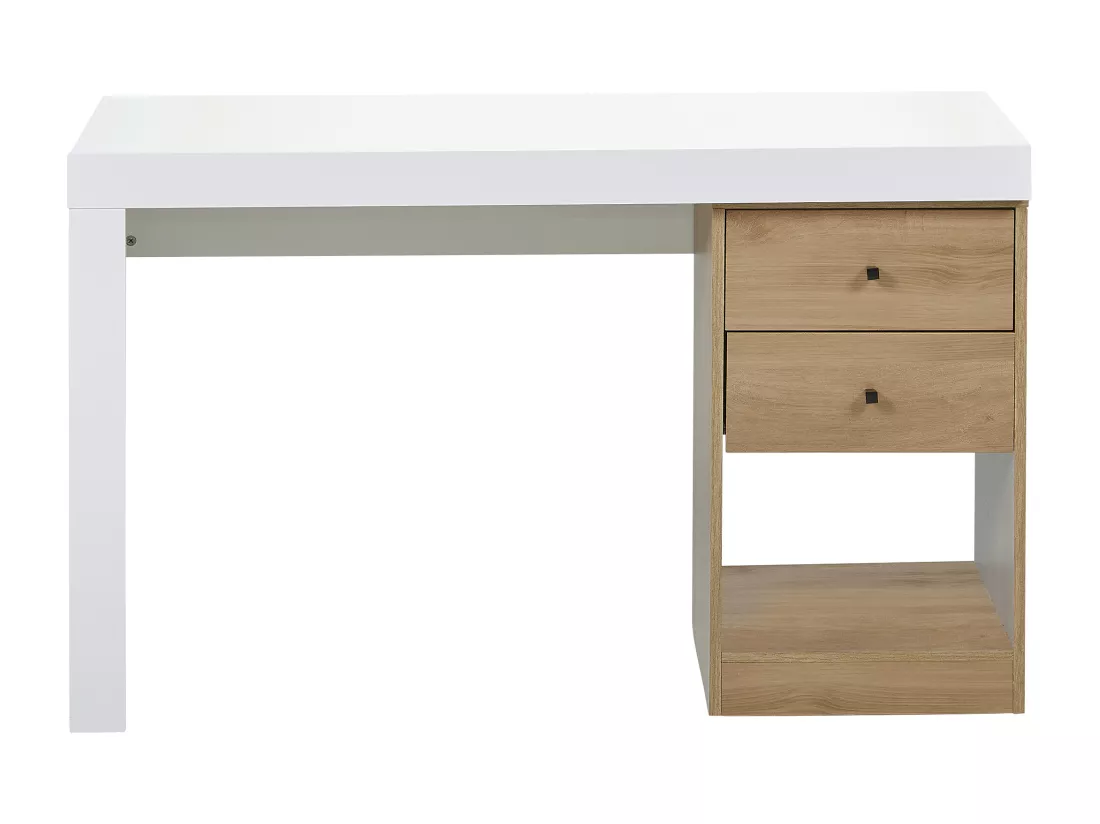 Bureau extensible 2 tiroirs et 1 niche - Coloris : Blanc et naturel - EVAN