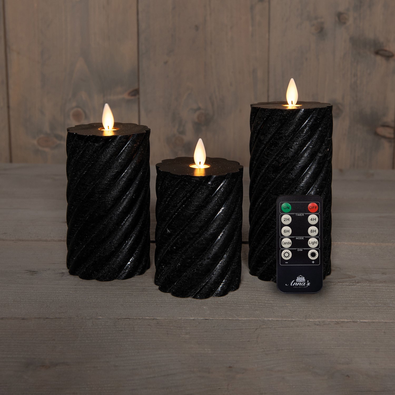 Anna's Collection LED stompkaars Swirl met timer zwart D 7,5 H 10 / 12,5 / 15 cm 3 stuks