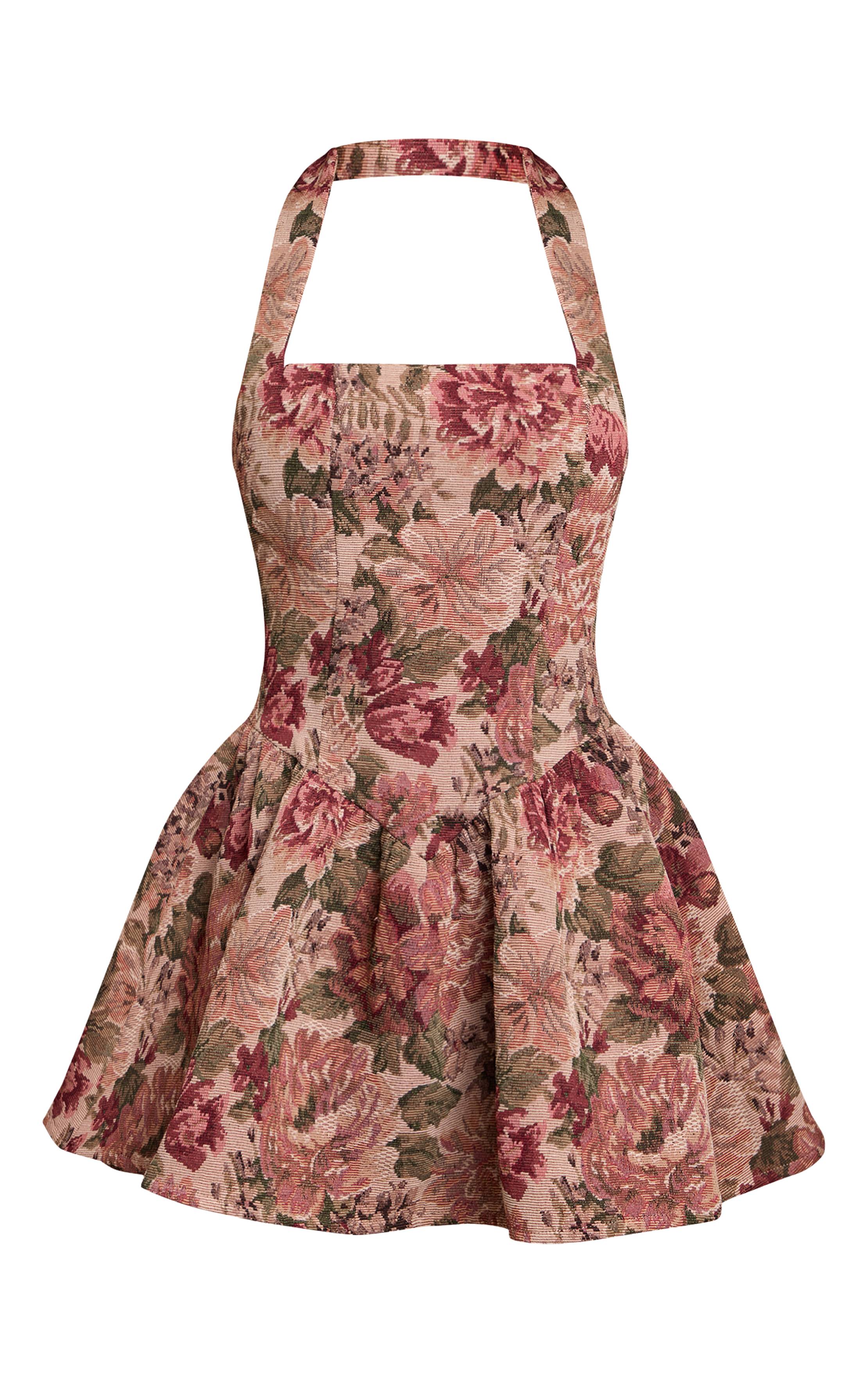 Rose Robe Droite À Col Licou Motif Tapisserie