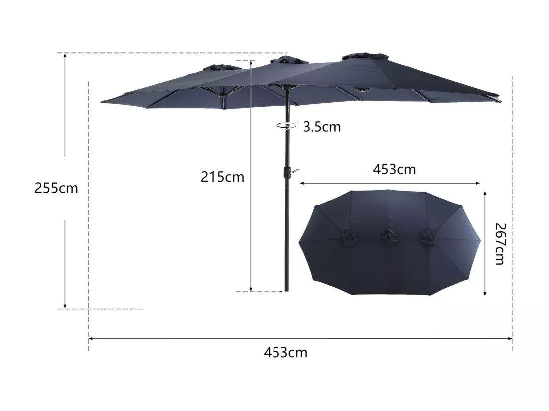 Parasol déporté - en acier et 100% tissu polyester - pour balcon jardin plage - Sans Base - 453x267x255cm - Bleu nuit
