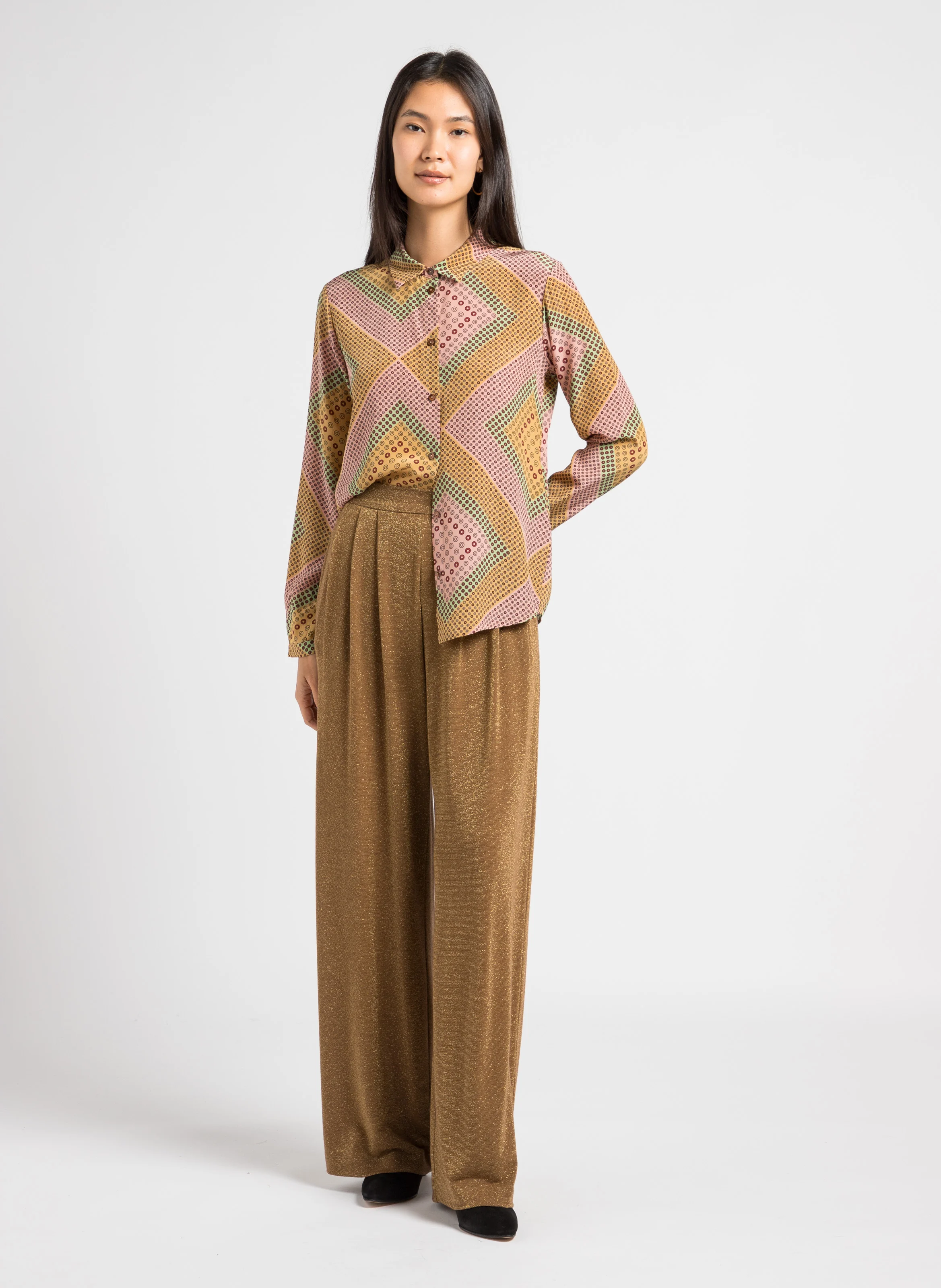 Chemise imprimée col classique en soie| Beige