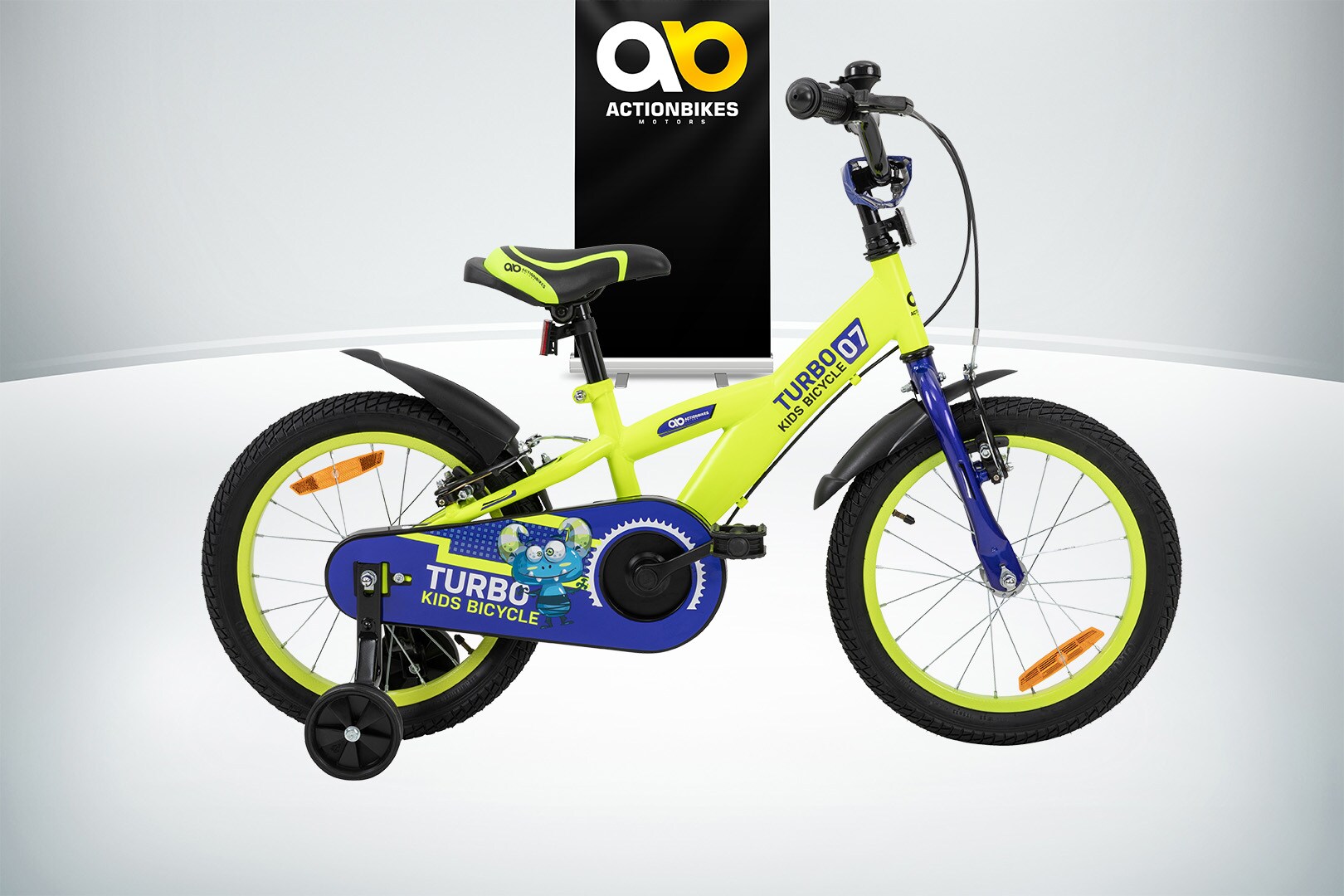 Actionbikes Kinderfahrrad Turbo 16 Zoll, Stützräder, V-Brake-Bremsen, Lenker-/Kettenschutz, Klingel