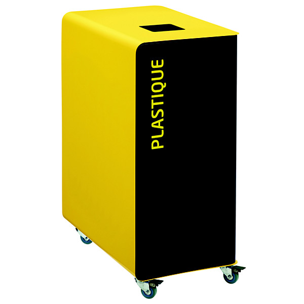 Borne de tri sélectif 90 L support-sac avec roulettes sans serrure - cubatri - tri plastique-gris+jaune