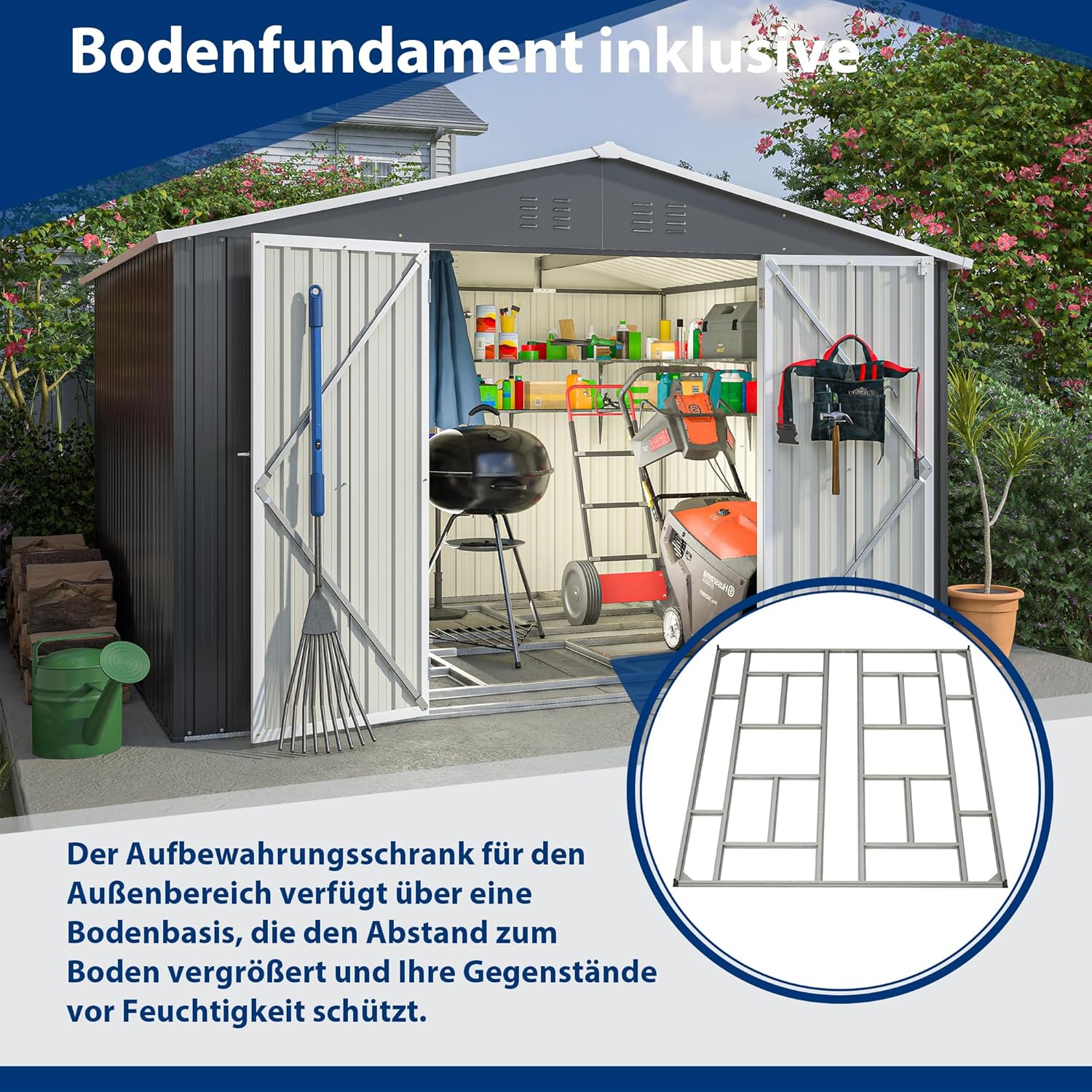 Metall Gerätehaus Gartenhaus Geräteschuppen Garten Schuppen Inkl. Metallfundament (ohne Boden), Metall Gerätehaus mit Pultdach, Geräteschrank für Garten (Schwarz 8x10)