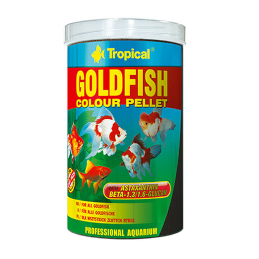 Ração em grânulos para colorir peixinhos dourados e carpas koi.