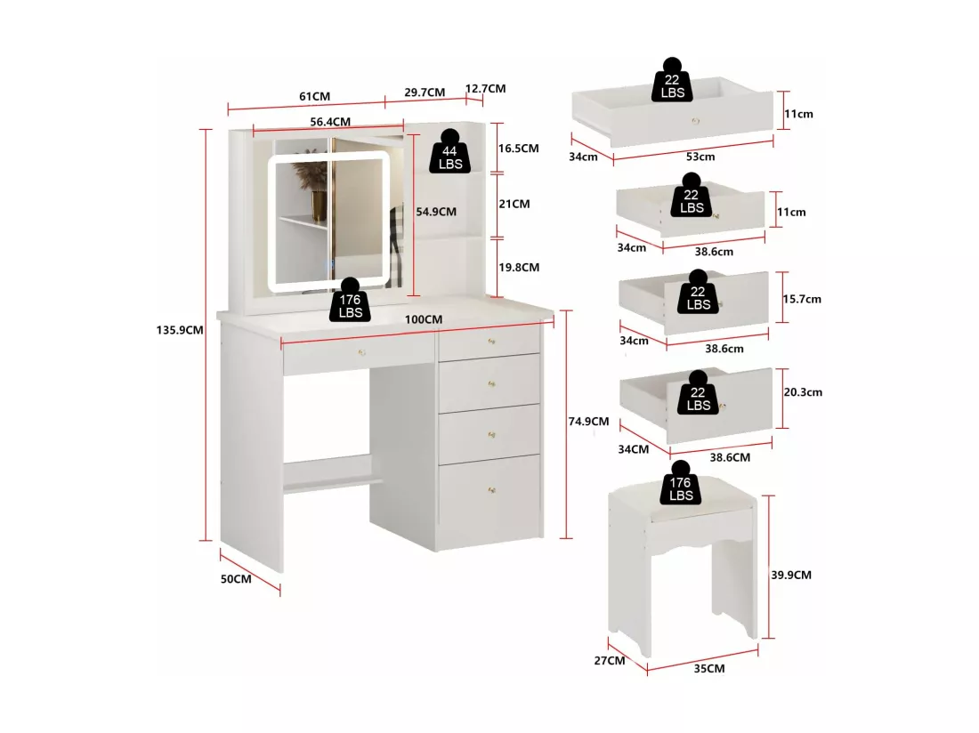 Coiffeuse avec miroir coulissant éclairage tricolore tabouret Salon 5 tiroirs ‎50x100x135.9cm Blanc