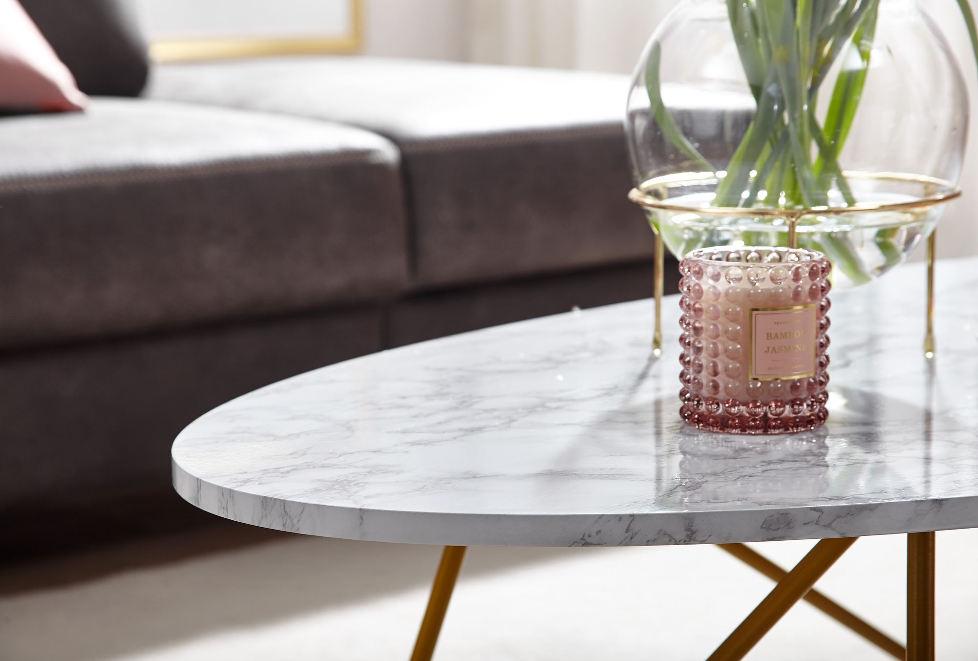 FineBuy Couchtisch Marmor Optik Weiß 120 cm Wohnzimmertisch Oval Tisch Sofatisch