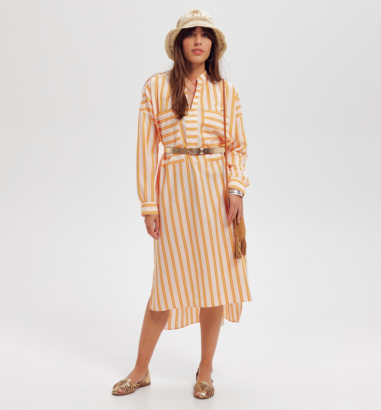 Robe caftan rayée Femme - Jaune moutarde