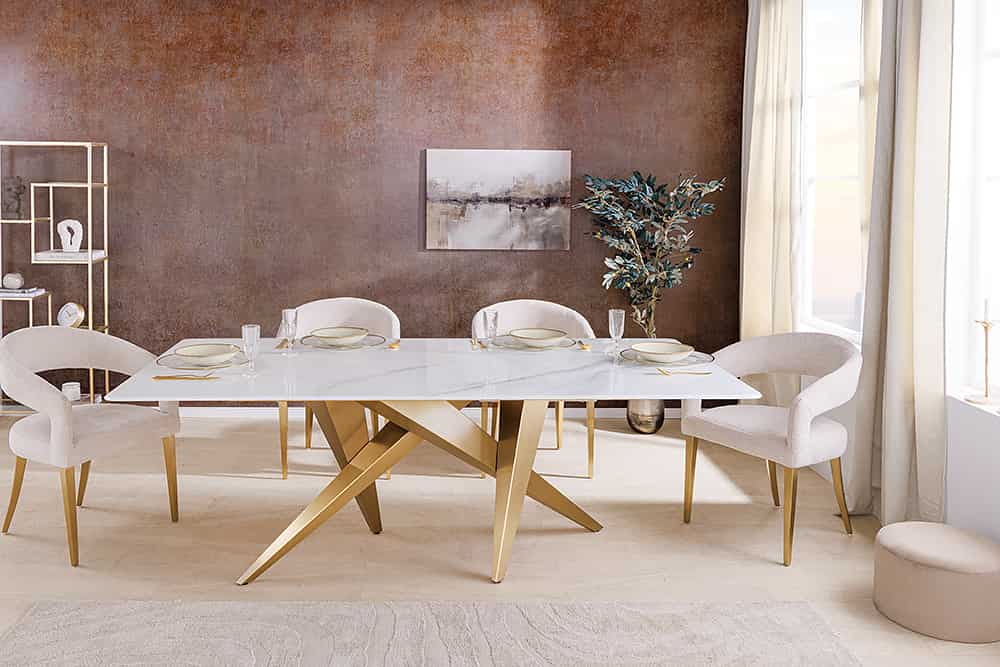 Design Esstisch ART LIVING 200cm weiß Marmor Keramik Metall brushed champagner gold