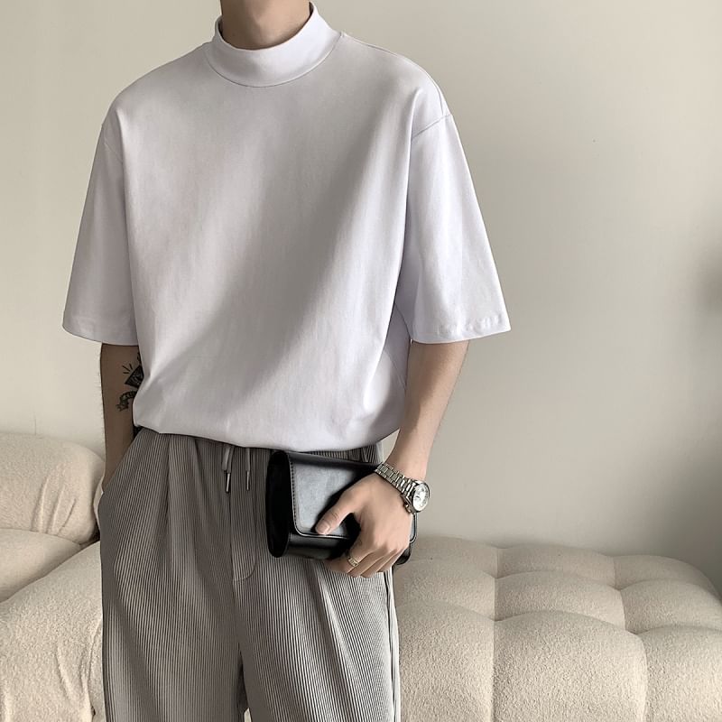 Freehop - Effen T-shirt met elleboogmouwen en mockneck
