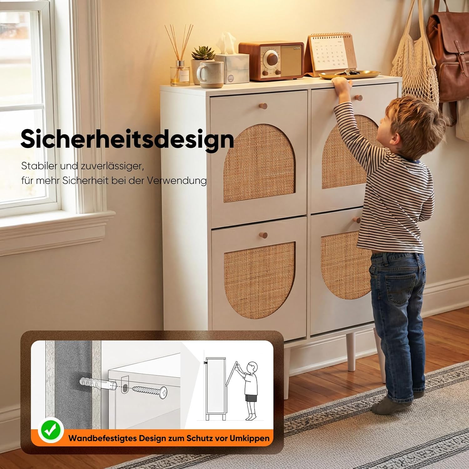 HOKEEPER Schuhschrank Schmal, Schuhregal mit 4 Klappen, Schuhkipper mit Verstellbar, Shoe Cabinet Holz, Schuhablage Schuhkommode für Eingang, Wohnzimmer, Flur, 105x24x80cm, Rattan