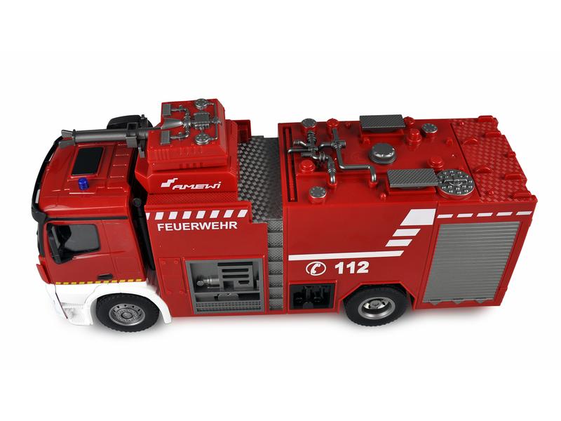 Amewi Mercedes Benz Arocs Feuerwehr Löschfahrzeug RTR, 1:18 Realistisches Feuerwehrauto mit Beleuchtung, Soundeffekten und Wasserwerfer
