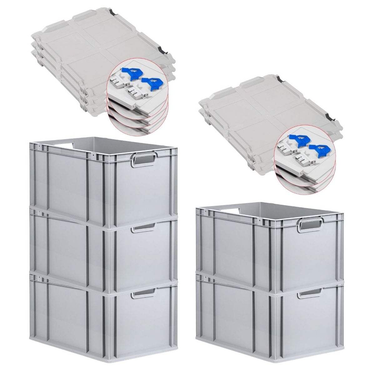PROREGAL SuperSaver Set 5x Eurobox NextGen Grip met scharnierend deksel en blauwe schuifsluitingen HxBxD 32 x 40 x 60 cm 65 liter