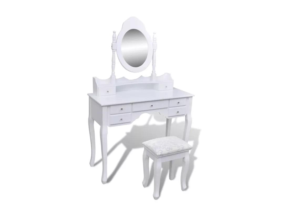 Coiffeuse avec miroir et tabouret 7 tiroirs Blanc
