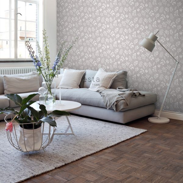 Estahome Bloemmotief Behang - Scandinavische stijl - 0,53 x 10,05 m - Warm Grijs