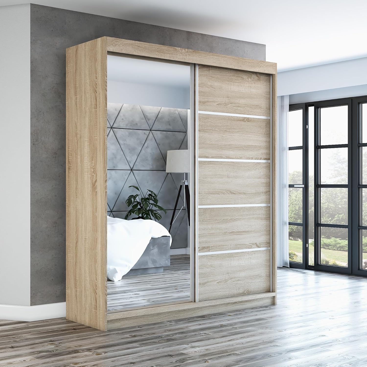 A&J MöbelLand Schwebetürenschrank GAPI Kleiderschrank 2-türig mit Spiegel, Garderobe 160 cm (Sonoma/Sonoma/Sonoma)
