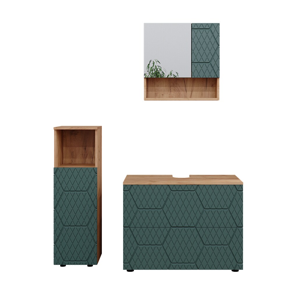 Vicco Badmöbel-Set Irma Eiche Grün 4-teilig Midischrank 95 cm Waschbeckenschrank 80 cm