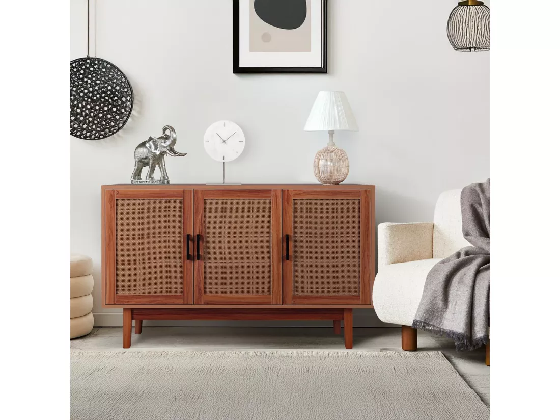 Buffet moderne L113cm Poetis 3 portes avec cannage Rotin et Bois
