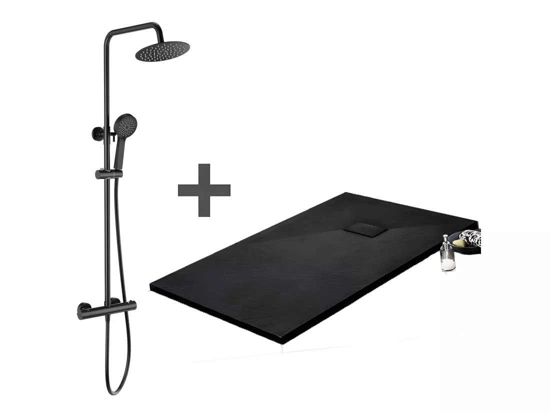 Pack Receveur de douche 80 x 130 cm extra plat noir + Colonne de douche thermostatique noir mat