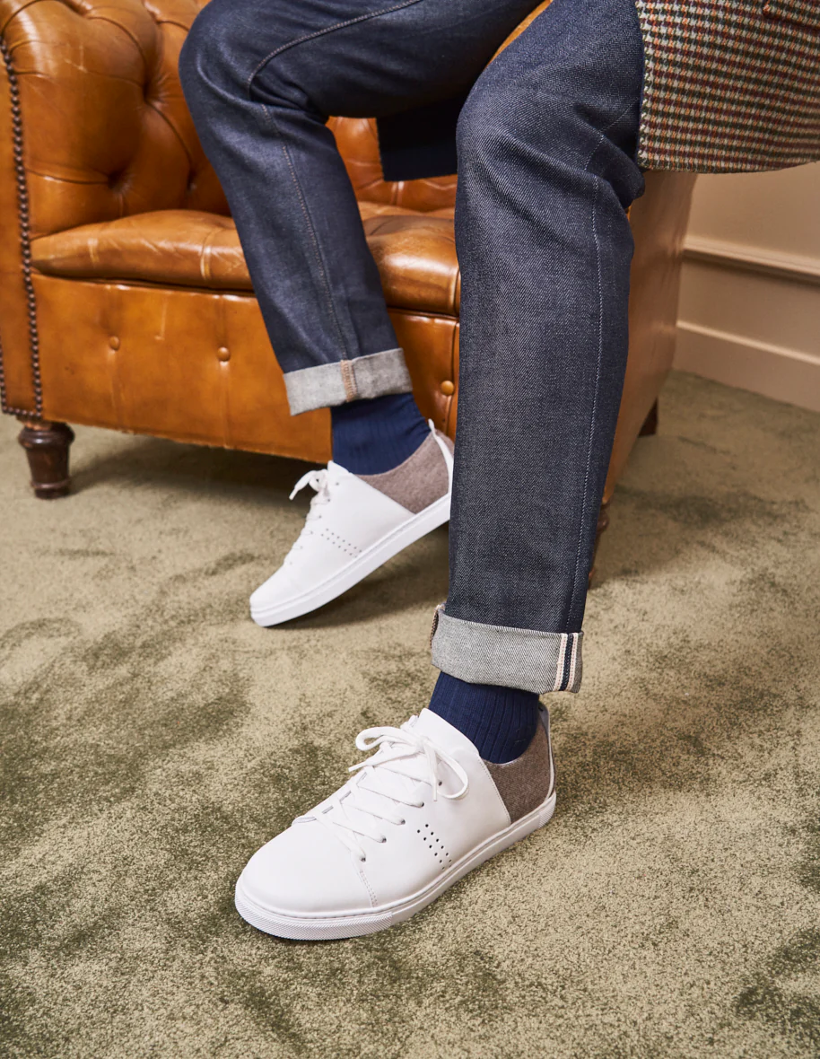 Baskets basses René - Cuir blanc et flanelle beige