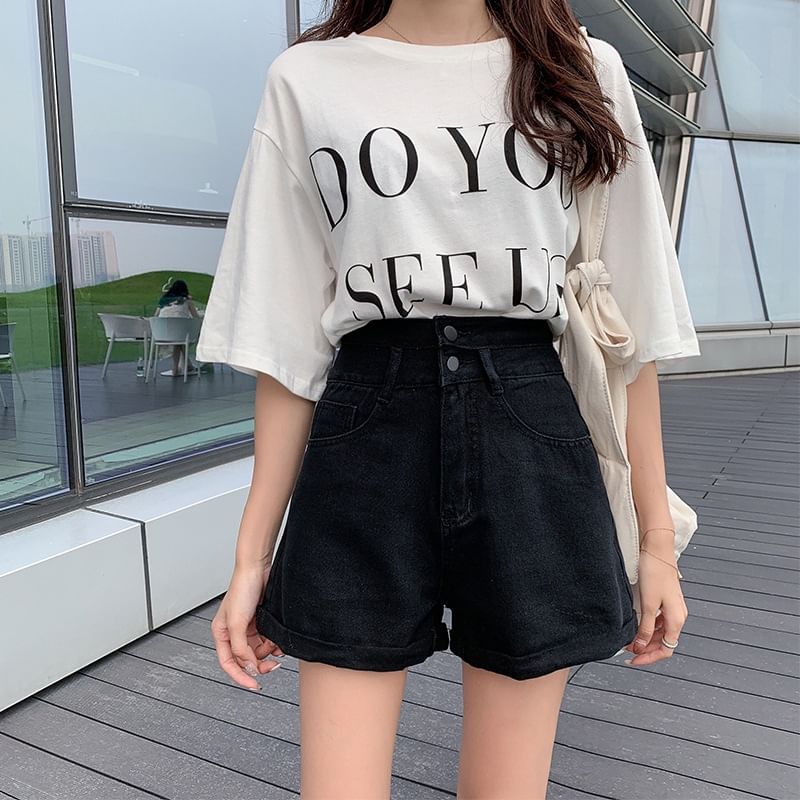 Crochaletin - Hoge taille, gewassen, opgerolde zoom, wijde pijpen, denim shorts
