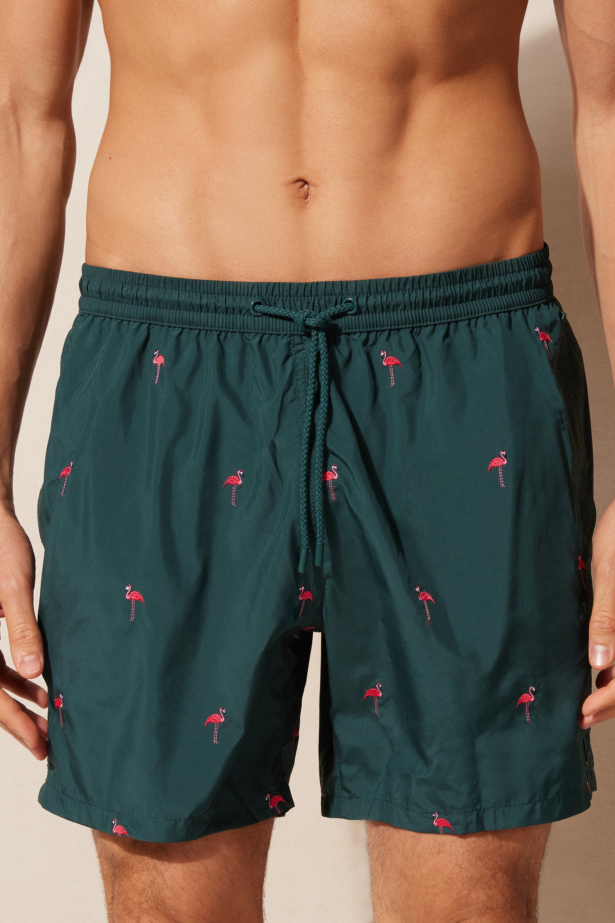 Maiô boxer bordado com flamingos
