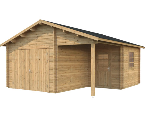 Palmako Roger vrijstaande garage, 21,9+5,2 m², met houten deur 510 x 550 cm, bruin gegrond.
