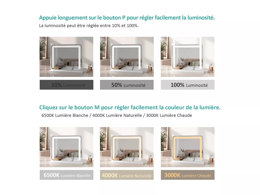 EMKE Miroir cosmétique 50x41.6cm, avec 3 LED de couleur à intensité variable, miroir carré blanc orientable sur 360°
