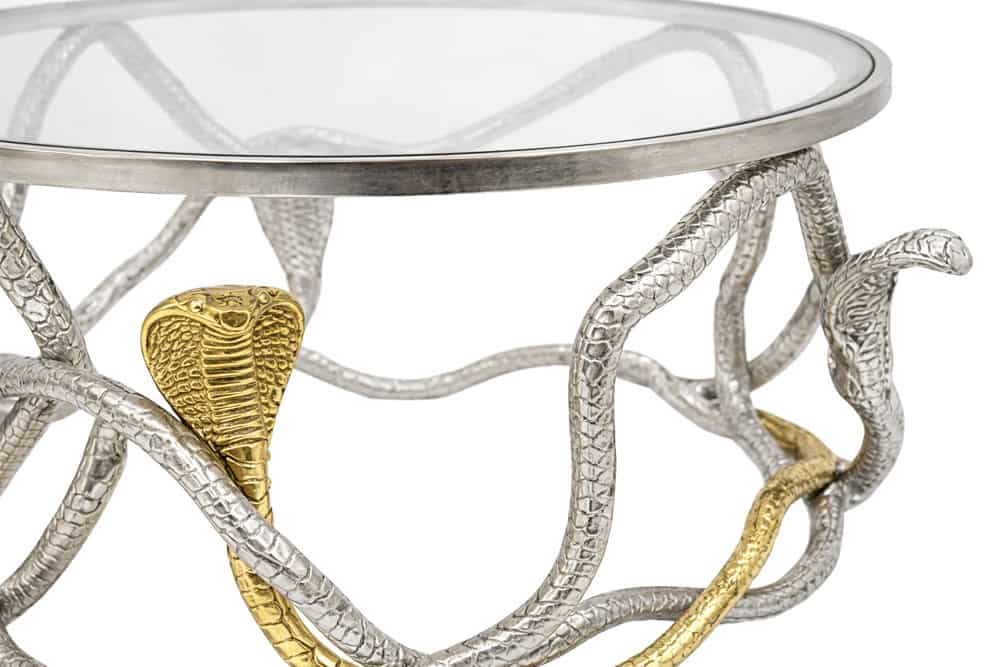 Runder Couchtisch SNAKE 70cm gold silber Metall Schlangen-Skulptur Glasplatte