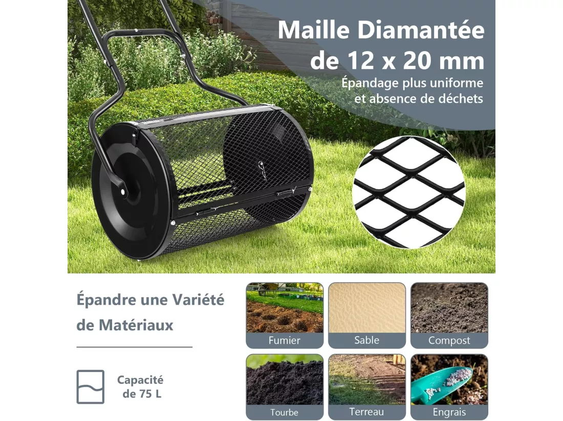 Épandeur à Compost de 60 cm Rouleau en Treillis Métallique, Épandeur de Gazon avec Poignée en Forme de ‘U’ Loquets Latéraux, pour Entretien du Jardin et Pelouse Noir