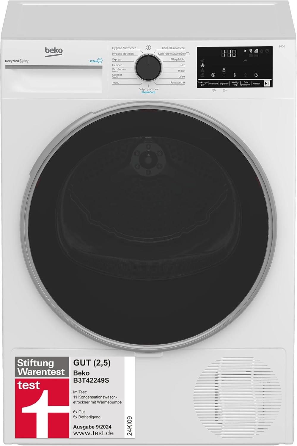 Beko Wäschetrockner 8kg, Stiftung Warentest GUT (2,5)*, allergikergeeignet, Hygiene Trocknen, SteamCure Dampffunktion, 15 Programme, Express, B3T42249S, Weiß