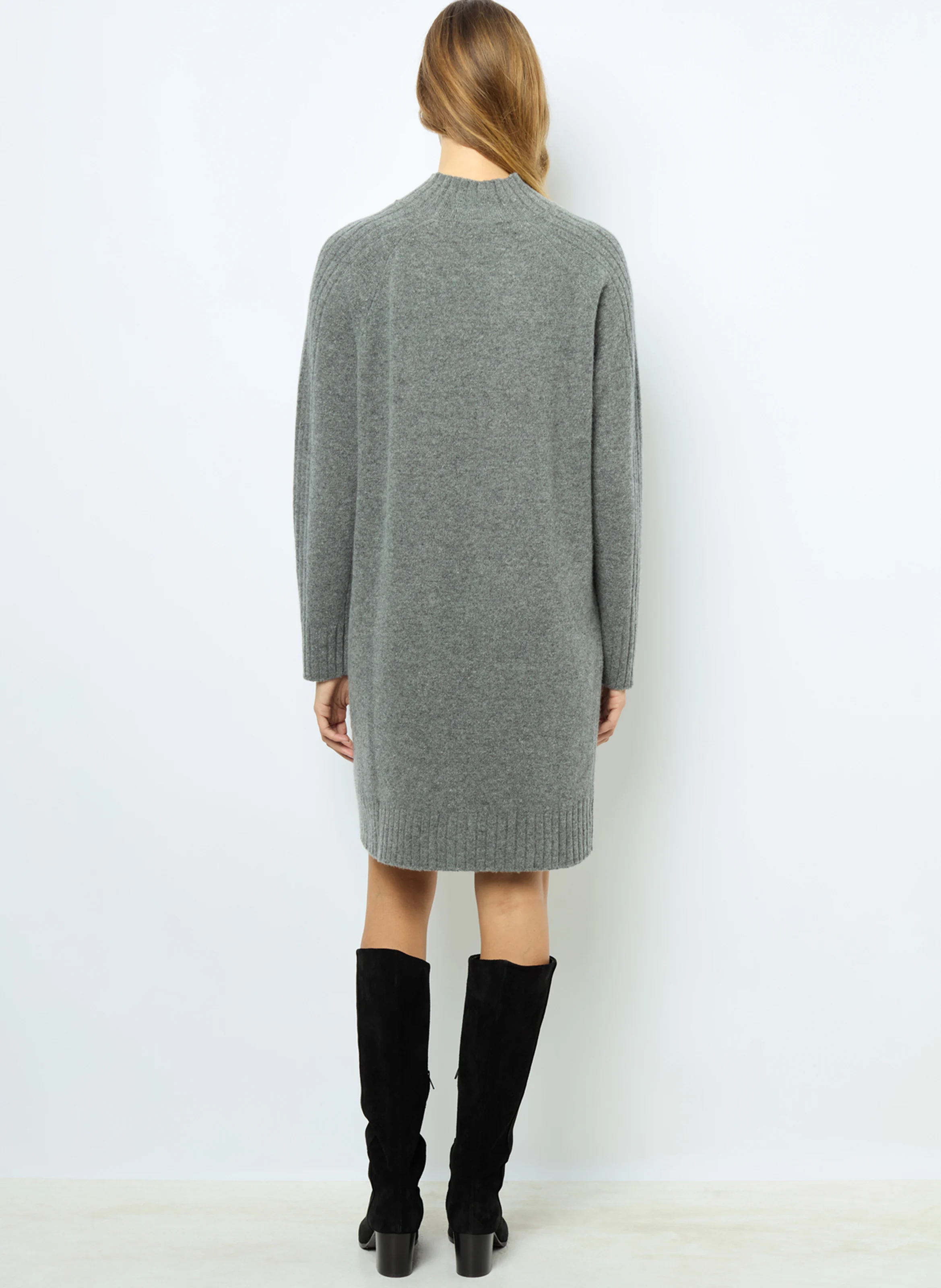 SOLIA - Robe pull droite col montant en laine mélangée | Gris