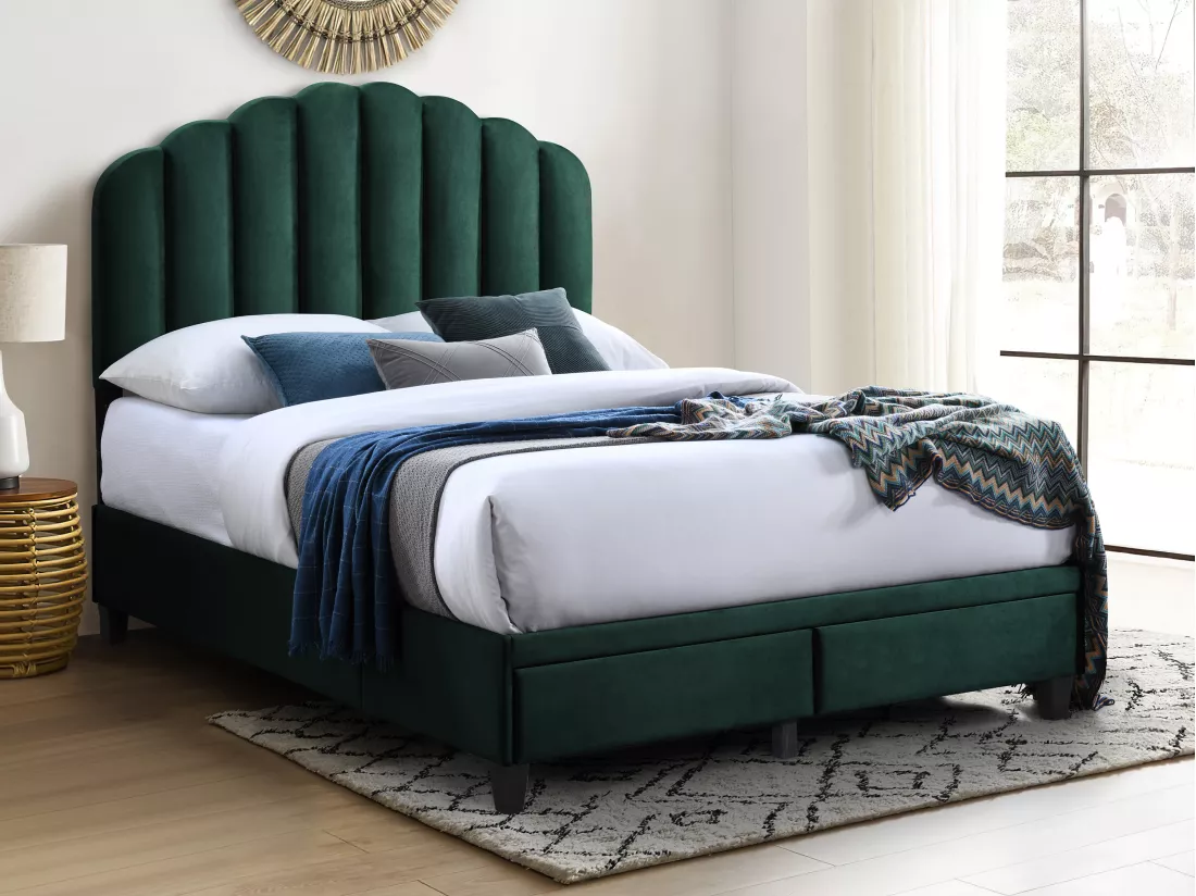 Lit 160 x 200 cm avec tiroirs - Velours - Vert sapin - ILISIO