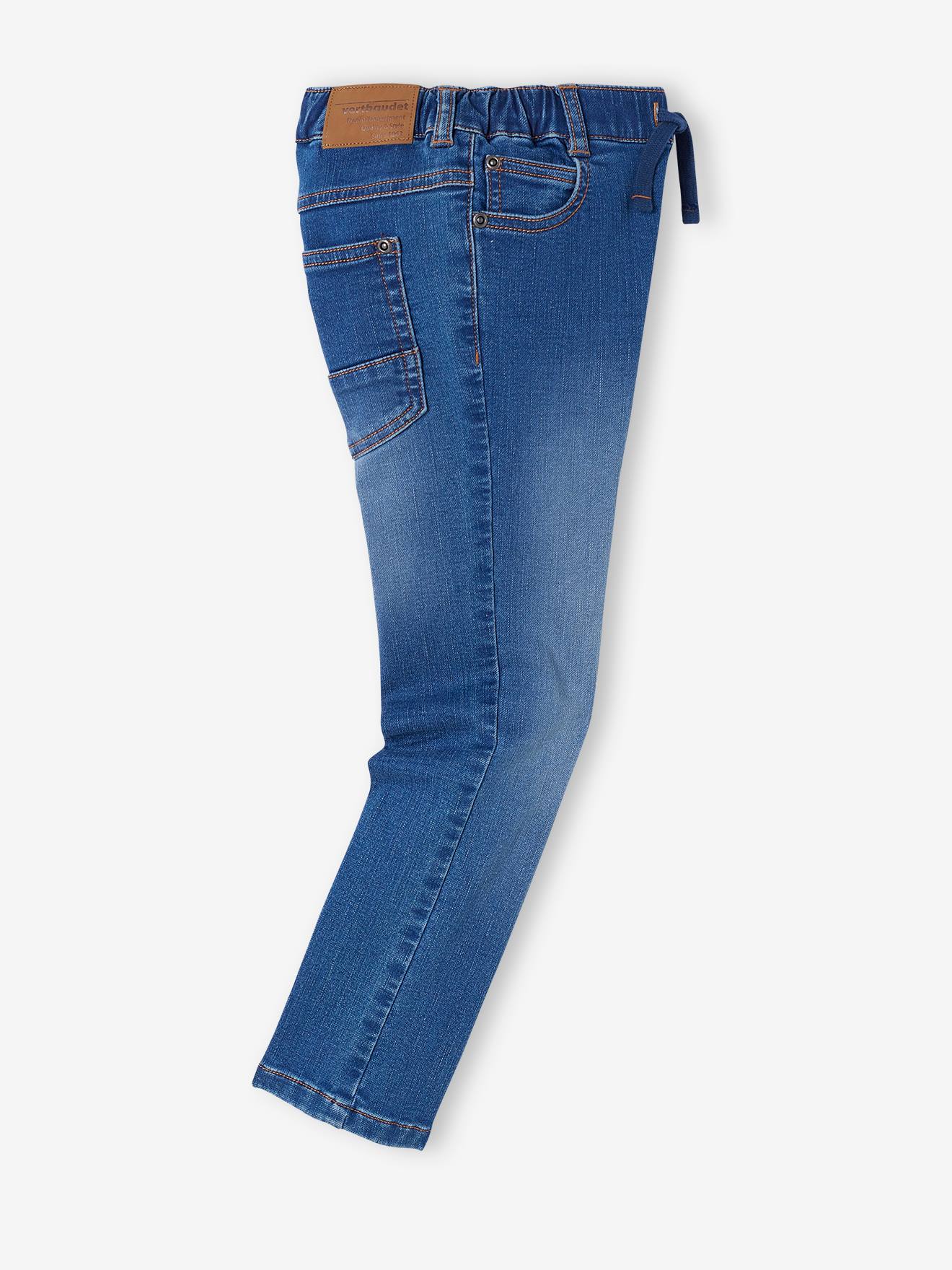 Calças de moletom com efeito jeans, corte justo e fáceis de vestir, para meninos, cor azul-escura lisa.