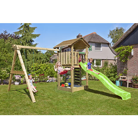 Jungle Gym Cottage 2.1 legetårn inkl. gyngemodul, rutsjebane og 120 kg sand