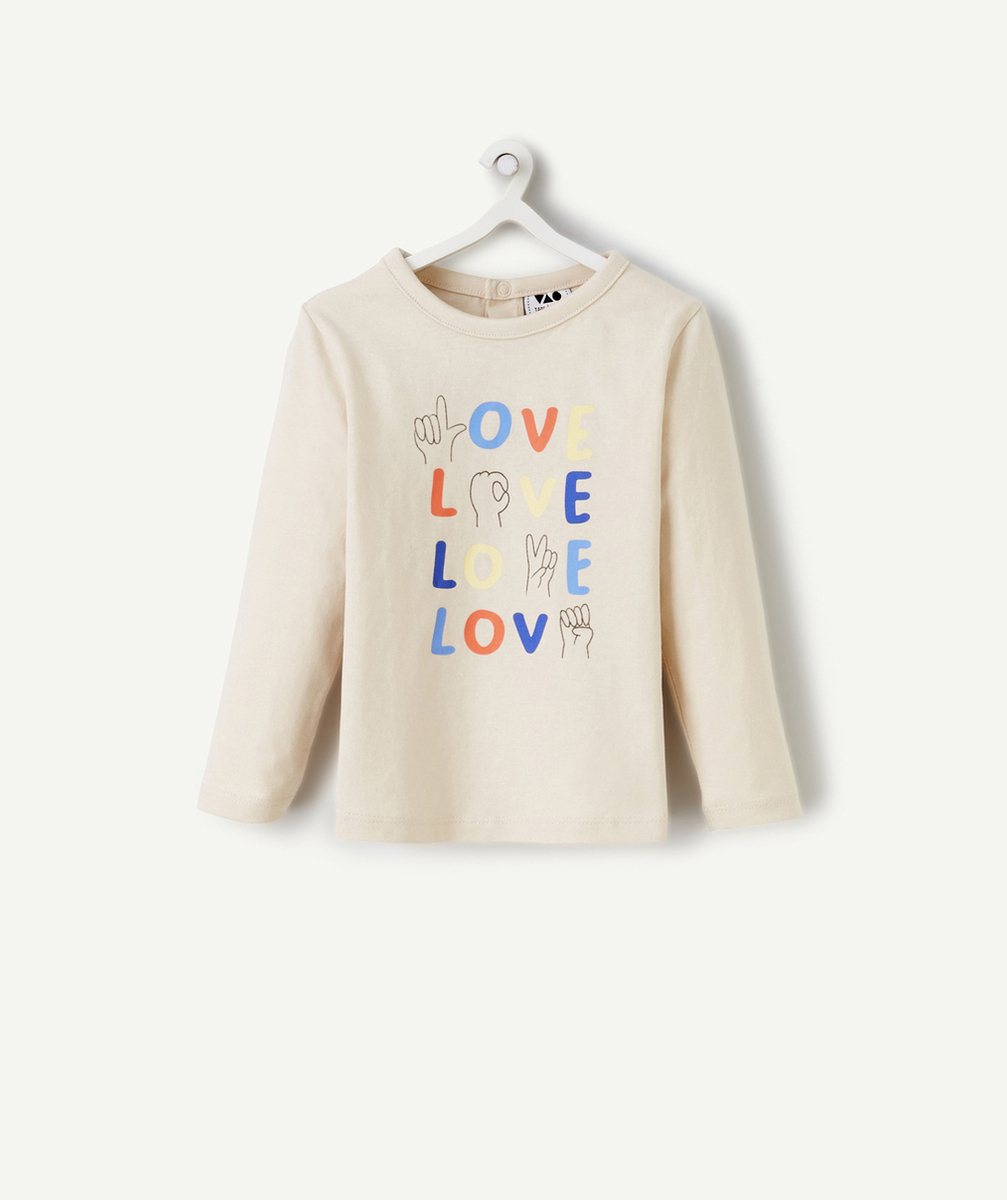 T-SHIRT MANCHES LONGUES BÉBÉ GARÇON EN COTON BIO BEIGE MOTIF LOVE