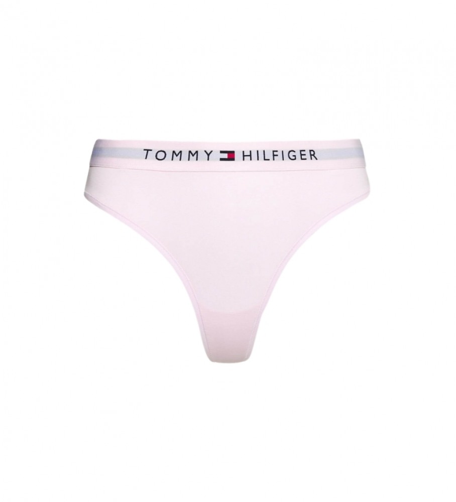 Calcinha fio dental Tommy Hilfiger com cós rosa com logo.