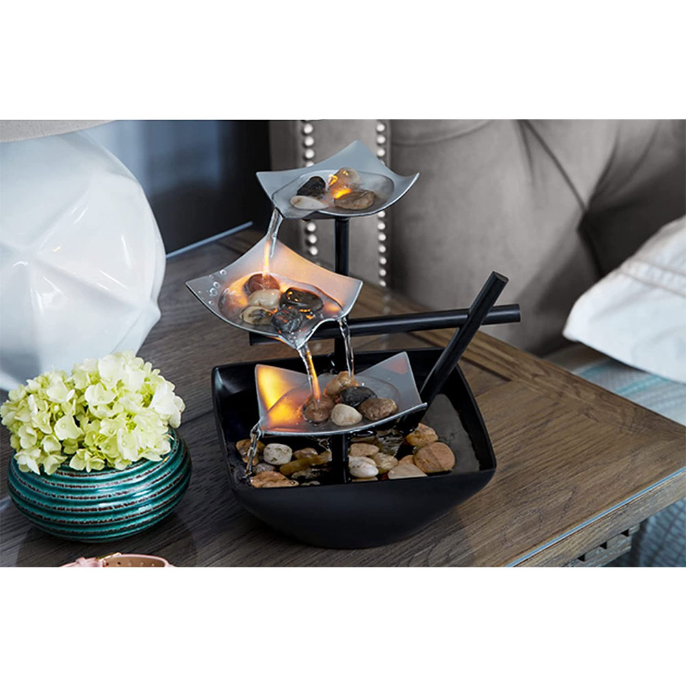 (13x21cm) Mini LED Feng Shui Zimmerbrunnen Home Deko Wasserspiel Beleuchtung mit Steinen