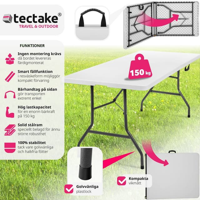 Campingbord foldbar hvid 183x76x74cm
