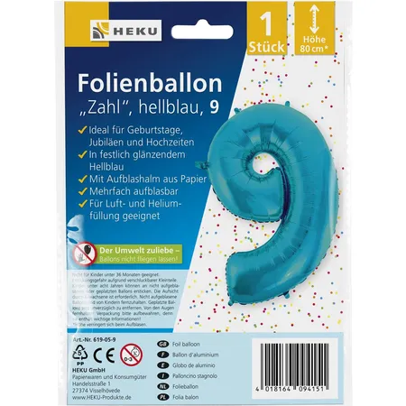 HEKU Folienballon Zahl 9, hellblau, mit Aufblashalm, Höhe 80cm