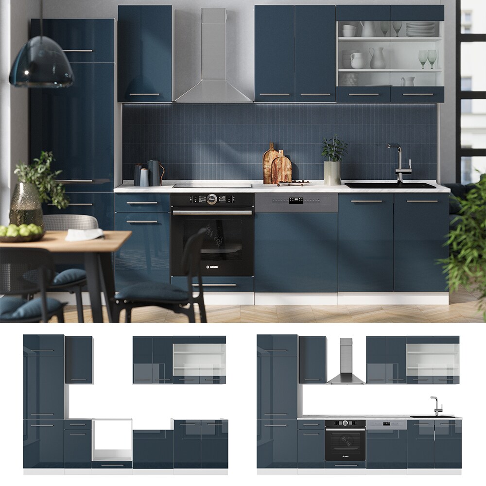 Vicco Küchenzeile Fame-Line Weiß Dunkelblau Hochglanz 300 cm ohne Arbeitsplatte
