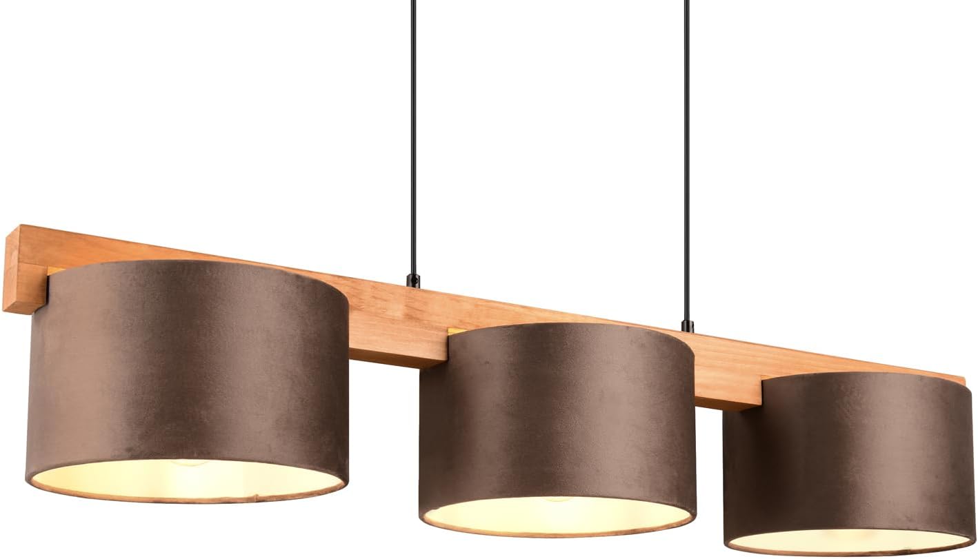 meineWunschleuchte Holzbalken Pendelleuchte 3 flammig mit Samt Lampenschirmen in Braun, Breite 100cm
