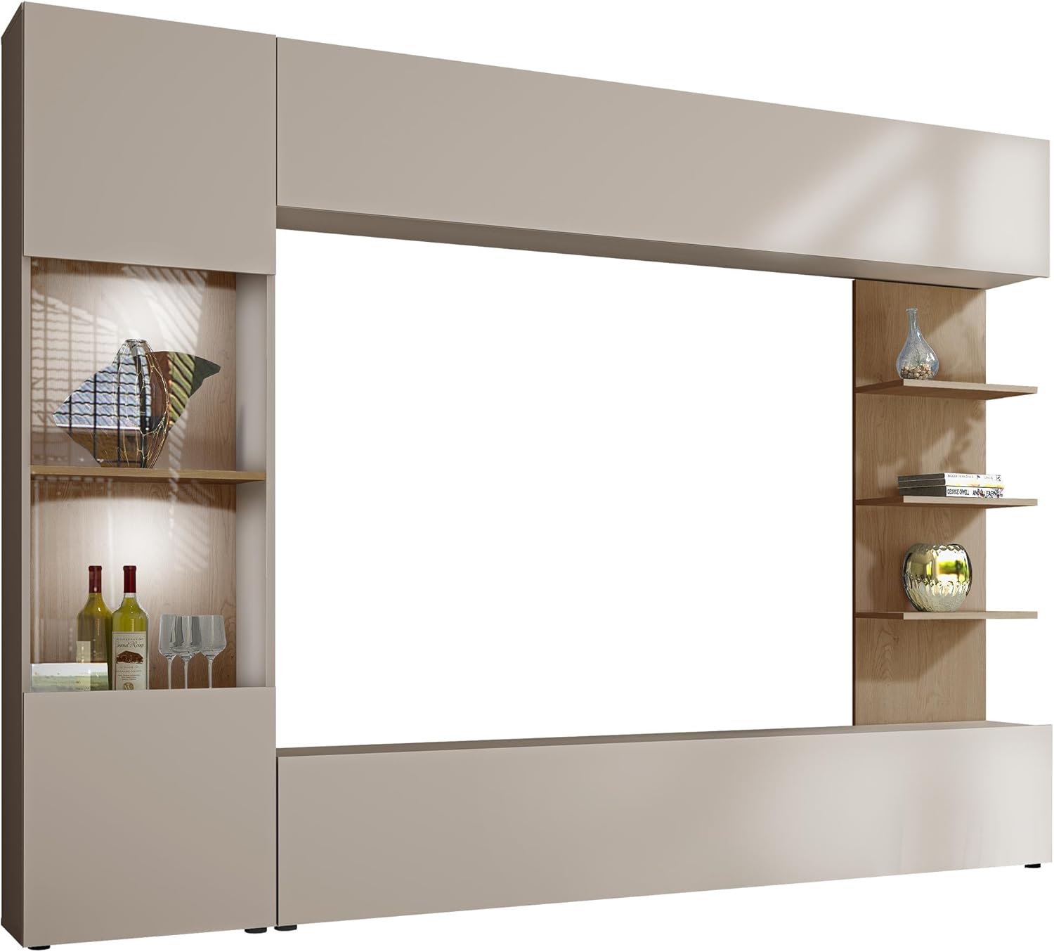 Mirjan24 Wohnwand Lazando, Anbauwand, Mediawand, Schrankwand bestehend aus Hängeschrank, Vitrine, TV-Lowboard und Wandregal (Cashmere/Cremona Eiche, mit weißer LED Beleuchtung)