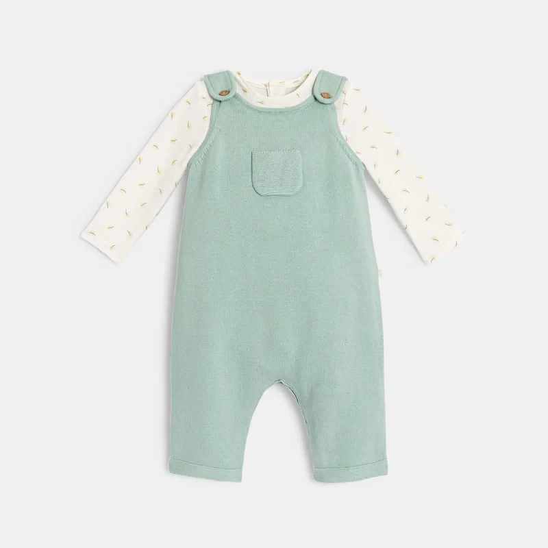 Salopette en tricot et body en coton verte naissance Vert