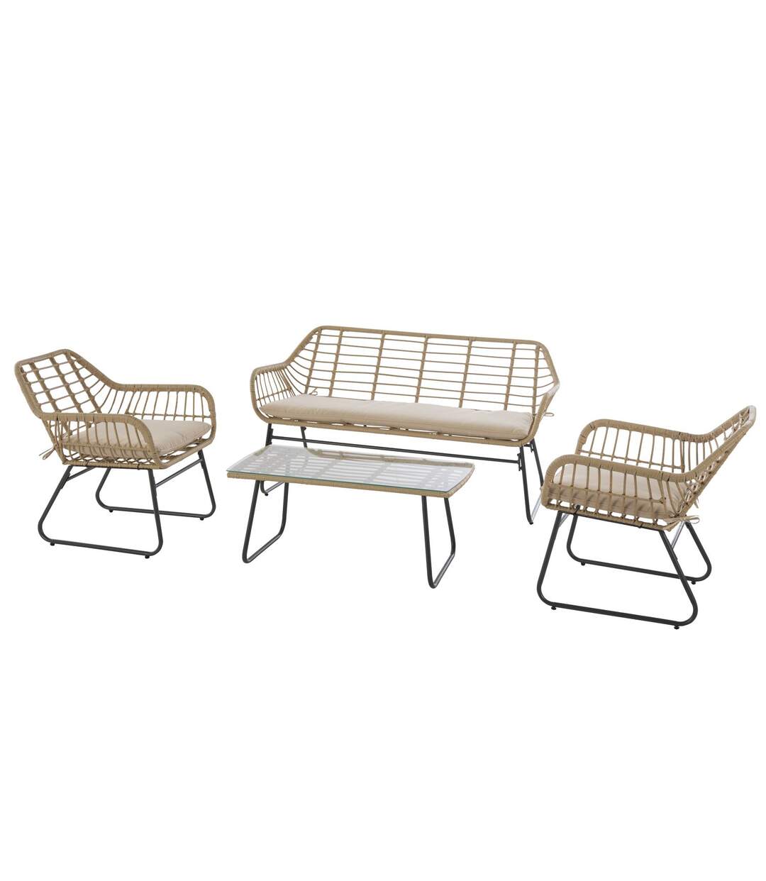 Salon de jardin 4 places Lambada - 2 fauteuils, un canapé et 1 table basse - Beige