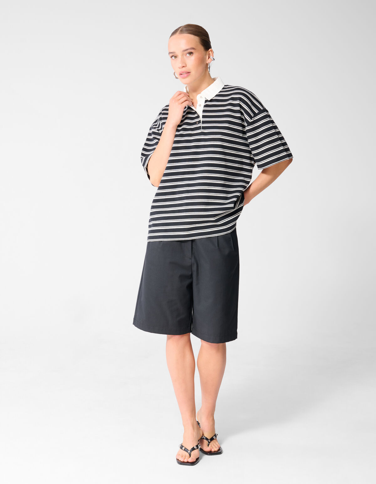 Oversized Stripe Short Sleeve Polo Zwart