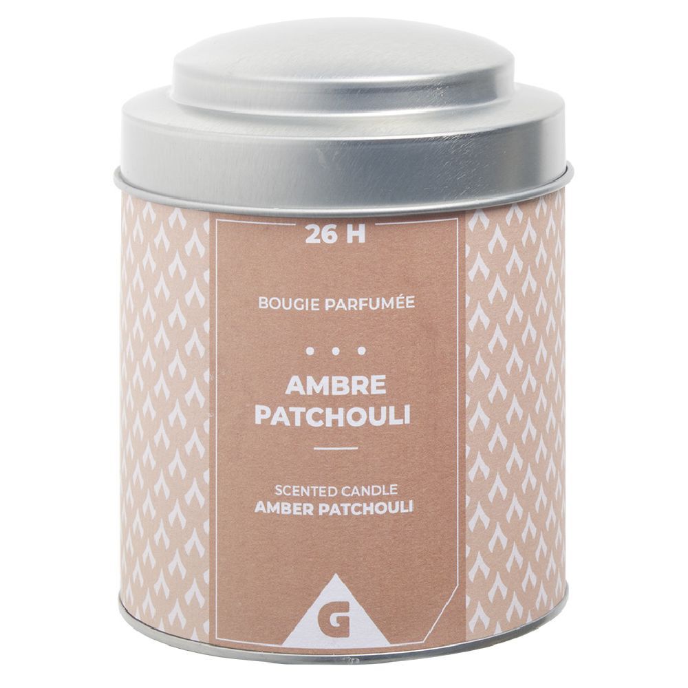 Bougie parfumée pot métal gris et moutarde senteur ambre patchouli 26H