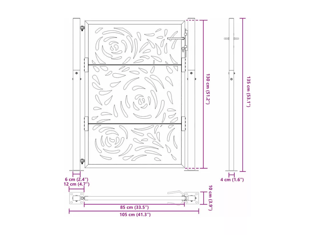 Portail de jardin noir 105x130 cm acier conception de flamme