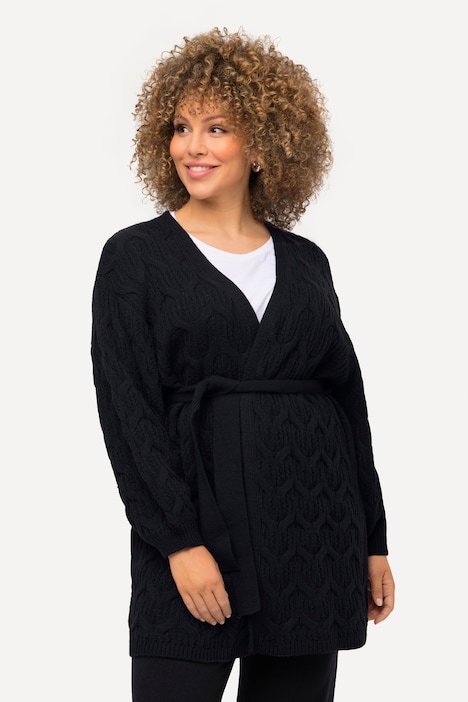Strickjacke, Zopfmuster, Oversized, Bindegürtel